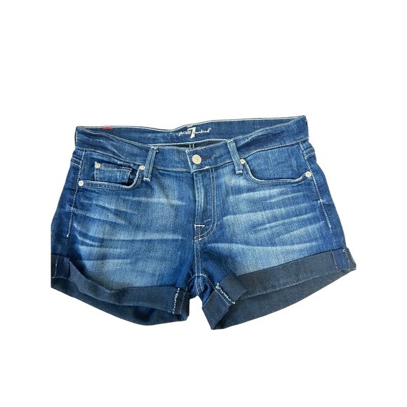 7 For All Mankind Dark Wash Low Rise Cuffed Jean Shorts Size 28 - Picture 1 of 5